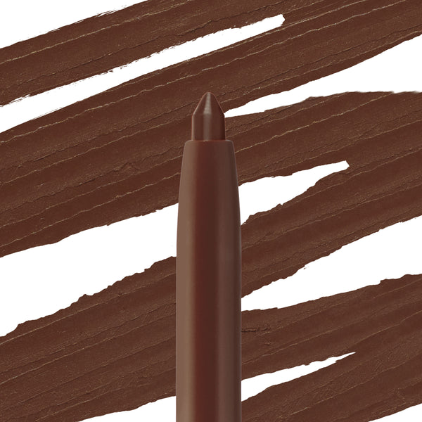 ColourPop So Juicy Plumping Lip Liner with Peptides in Mocha Latte stands upright with its pointed tip exposed as smooth, opaque mocha-brown swatches sweep across a white background, showcasing the creamy, plumping lip pencil shade.