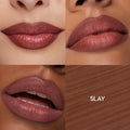 ColourPop So Juicy Plumping Lip Liner with Peptides in Slay defines and plumps lips on three skin tones in a four-panel grid, showing a neutral rose-brown shade and creamy payoff, plus a close-up texture swatch with the shade name.