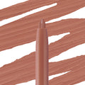 Tease lip liner crayon stands upright with its pointed tip exposed against sweeping creamy warm rosy‑nude swatches; ColourPop So Juicy Plumping Lip Liner with Peptides shows smooth, precise payoff for defining and filling lips.