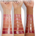 ColourPop So Juicy Plumping Lip Liner & Balm Set Smooches swatches gleam across three forearms (light, medium, deep) in studio lighting, showing glossy shades Dolled Up, Guava Glaze, Vacay Mode, Doe, PSL, and Berry Spritz for color comparison.