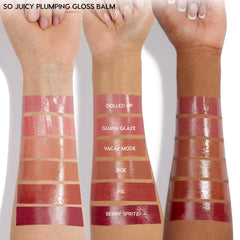 Glossy lip balm swatches on three arms in light to deep skin tones, showcasing ColourPop So Juicy Plumping Lip Liner & Balm Set, Go-To Lip shades: Dolled Up, Guava Glaze, Vacay Mode, Doe, PSL, and Berry Spritz, highlighting high-shine finish.