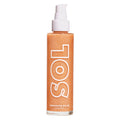 Warm Gold ColourPop SOL Shimmering Dry Oil standing upright in a clear rectangular bottle with a white pump and bold SOL logo, coppery-gold shimmer suspended inside, 3 fl oz, on a clean white studio background.
