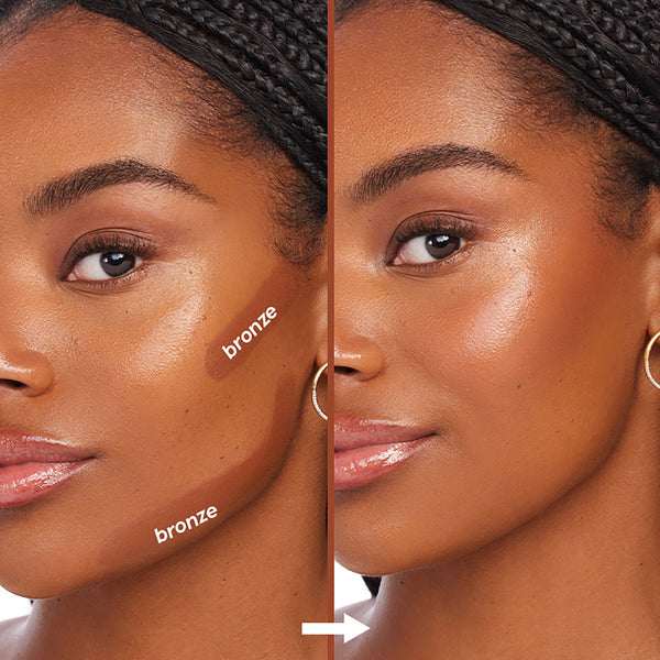 ColourPop Manhattan Beach Bronzer Stix adding warm bronze contour - left shows two creamy swipe marks on the cheek before blending, right shows the product buffed out to a smooth, glowing finish on a model’s face in studio lighting.