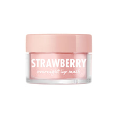 ColourPop Strawberry Lip Mask shown in a clear glass jar with a blush-pink screw lid, white STRAWBERRY label, and soft pink balm; overnight lip treatment staged on a white background for an ecommerce product photo.