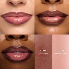 Sweet Mood Super Stain on three lip tones: cool nude stain and creamy nude gloss