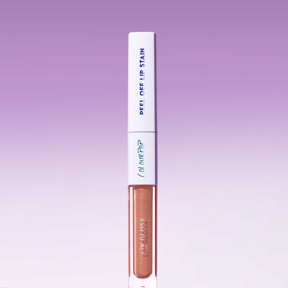 Sweet Mood Super Stain peel-off lip stain and gloss duo, a white double-ended tube, on a lilac backdrop