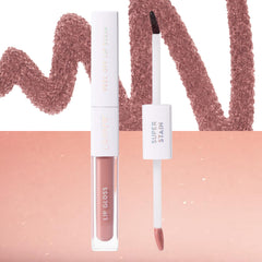 Sweet Mood Super Stain opened to show the stain applicator and lip gloss wand over a nude swatch