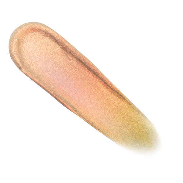 Sweetzer Ave Chrome Liquid Shadow swatch shifts from rose-peach to gold-lime with micro sparkle, showcasing the duo-chrome finish of the ColourPop Chrome Liquid Shadow in a smooth, elongated swipe on a white background.