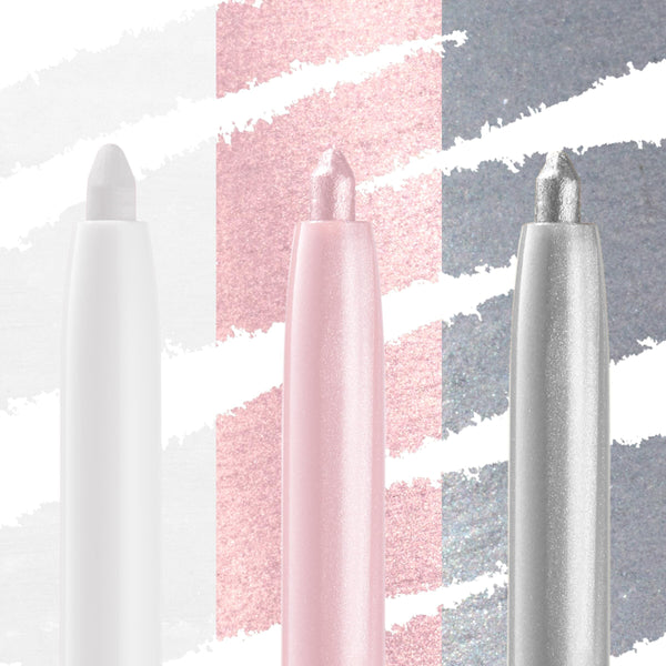 Total Essentials ColourPop Crème Gel Liner bundle stands upright - matte white, shimmery pink, and metallic silver - tips exposed with matching swipe swatches behind on a clean studio backdrop, showcasing creamy, long‑wear color payoff.