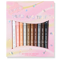 Ten ColourPop Crème Gel Liner pencils from the Tried and True BFF Crème Gel Liner Vault line up in a pastel pink, iridescent starry box, shades from white and peach to bronze, brown, and black; 10-count set, 0.2 g (0.01 oz) each.
