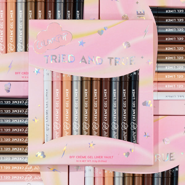 ColourPop Crème Gel Liner Tried and True vault displays 10 BFF crème gel liner pencils (10 x 0.2 g/0.01 oz) in a pastel pink cloud box with holographic stars, shades from cream and peach to browns and black, stacked against matching packaging.