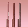 Triple Latte ColourPop Lippie Pencil trio standing upright, tips exposed, in light nude, warm rose-brown, and deep mocha shades with matching caps, showcasing creamy lip liners on a pink gradient background for precise lip shaping.