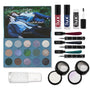 Twilight x ColourPop Full Collection set displays a 12-shade cool-toned eyeshadow palette with a movie-scene cover, three LUX lip oils (red, blue, black sparkle), four shimmery liquid liners, two Super Shock highlighters, and a SOL body glow; ColourPop makeup gift set.