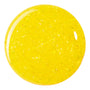 Swatch droplet of Talk To Me Ultra Glossy Lip, a ColourPop Ultra Glossy Lip shade, glistening on white with a translucent lemon-yellow base and iridescent glitter flakes, showcasing a high-shine, sparkly finish.