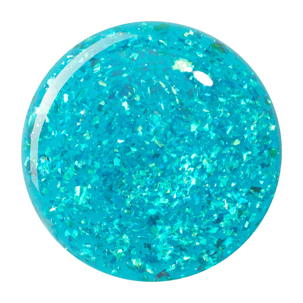 Turquoise droplet of Talk To Me Ultra Glossy Lip by ColourPop shimmering with iridescent blue-green flakes, showing a high-shine gel texture and glitter finish on a clean white background; ColourPop Ultra Glossy Lip.