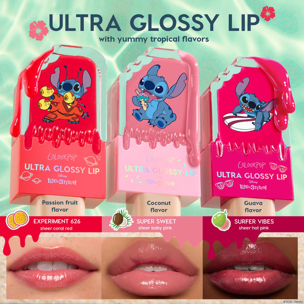 ColourPop Ultra Glossy Lip Experiment 626 delivers a sheer coral-red, passion fruit–flavored shine, shown in a popsicle-shaped tube with Stitch artwork and a lip swatch, from the Disney Lilo & Stitch collection on an aqua background.