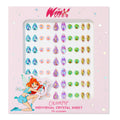ColourPop Crystal Face Jewels - Individual crystal sheet displaying 70 adhesive gems in teardrop, round, diamond, and marquise shapes in iridescent teal, pink, lilac glitter, and neon green, arranged in rows inside pink Winx Club packaging.