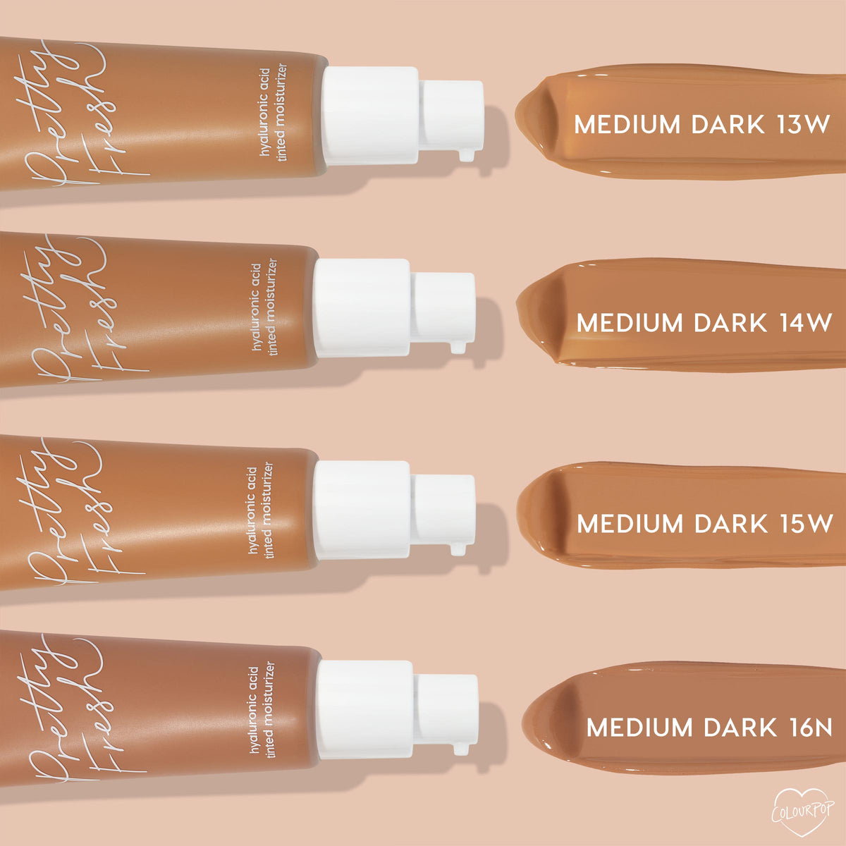 ColourPop Pretty Fresh Tinted Moisturizer, shade Medium Dark 14W, swatched alongside Medium Dark 13W, 15W, and 16N; four tan pump bottles line up horizontally with creamy swipes on a beige background.