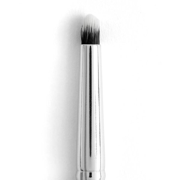 ColourPop Small Pencil Brush showcasing a tapered, dense black-to-white bristle tip for smudging eyeliner and precise eyeshadow detail, standing upright with a shiny silver handle against a clean white background.