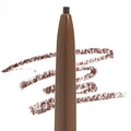 ColourPop Brunette brow pencil with a precision retractable tip laying soft brown strokes, shown close-up against a white background with multiple swatches highlighting the shade’s color and texture.