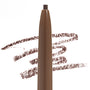ColourPop Brunette brow pencil with a precision retractable tip laying soft brown strokes, shown close-up against a white background with multiple swatches highlighting the shade’s color and texture.