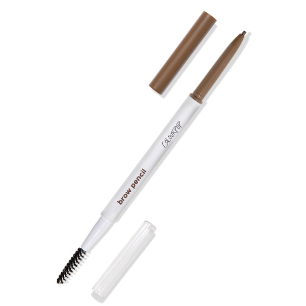 ColourPop Brow Boss Pencil in Brunette, dual-ended with a twist-up micro tip and spoolie, shown uncapped with brown and clear caps beside its white barrel on a white background for precise, natural eyebrow shaping.