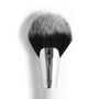 Full Fan Face Brush sweeping wide, soft black-and-gray bristles from a shiny silver ferrule, ColourPop makeup brush shown close-up on a white background, ideal for dusting highlighter, bronzer, and finishing powder.