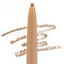ColourPop brow pencil in Blonde drawing soft, light-brown strokes - retractable tip shown close-up with swatches on white, showcasing the Blonde shade for natural, precise brow filling.