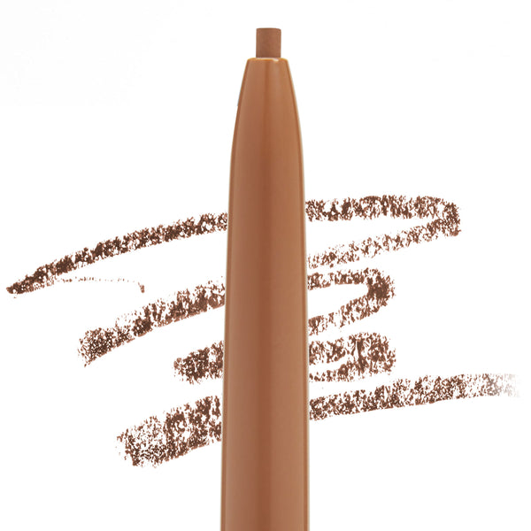ColourPop Light Brown brow pencil stands upright with exposed light-brown tip, making smooth medium-brown swatches that showcase shade and texture on a white background, slim tan barrel emphasizing precise, natural-looking eyebrow definition.
