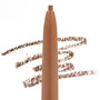 ColourPop Light Brown brow pencil stands upright with exposed light-brown tip, making smooth medium-brown swatches that showcase shade and texture on a white background, slim tan barrel emphasizing precise, natural-looking eyebrow definition.