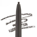ColourPop Soft Black brow pencil with a slim retractable tip and sleek dark gray barrel, drawing soft black swatch lines on a white background to show precise, buildable pigment for filling and defining eyebrows.