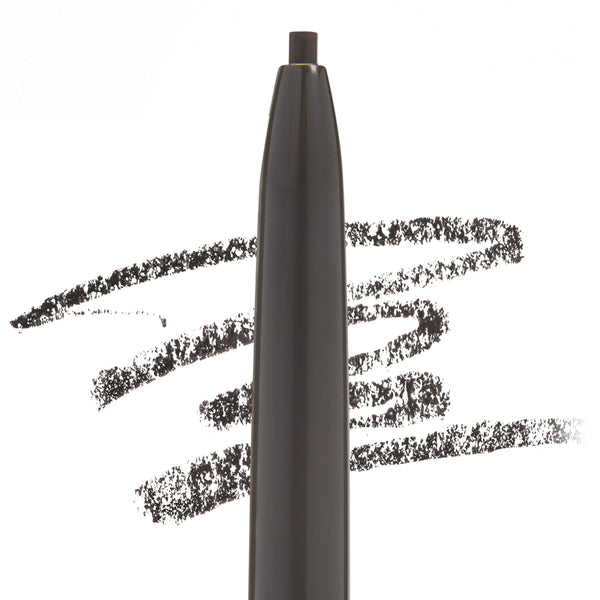ColourPop Soft Black brow pencil with a slim retractable tip and sleek dark gray barrel, drawing soft black swatch lines on a white background to show precise, buildable pigment for filling and defining eyebrows.