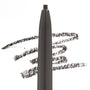 ColourPop Soft Black brow pencil with a slim retractable tip and sleek dark gray barrel, drawing soft black swatch lines on a white background to show precise, buildable pigment for filling and defining eyebrows.