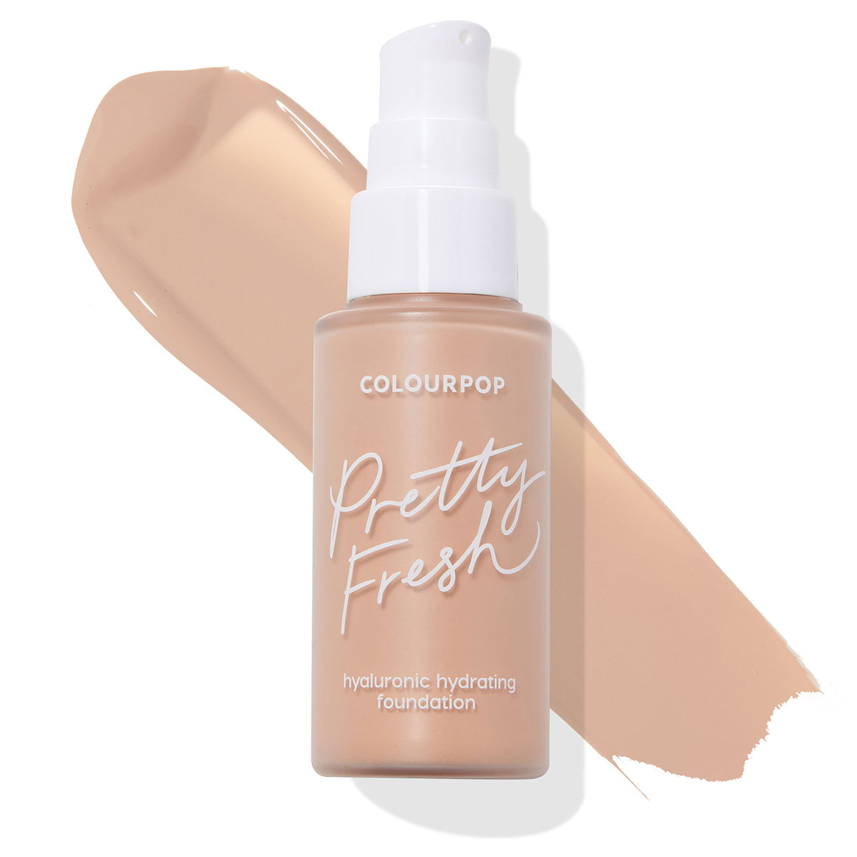 Frosted pump bottle of ColourPop Hyaluronic Hydrating Foundation, shade Medium 83 C, labeled Pretty Fresh, set over a beige swatch on a white backdrop, showing creamy texture and cool undertone.