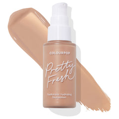 ColourPop Pretty Fresh Hyaluronic Hydrating Foundation bottle, shade Medium 105 N, standing with a white pump as a neutral medium beige swatch sweeps behind on a white background; ideal ColourPop Hyaluronic Hydrating Foundation for a hydrated, natural finish.
