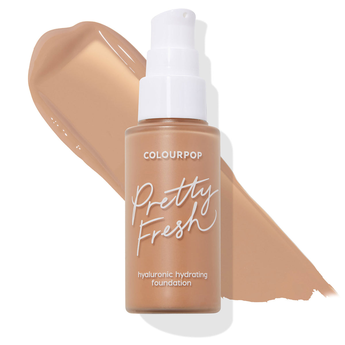 ColourPop Hyaluronic Hydrating Foundation Pretty Fresh bottle, shade Medium Dark 125 N, stands with a white pump over a creamy tan swatch, showing a medium-dark neutral tone for hydrated, natural-looking coverage.