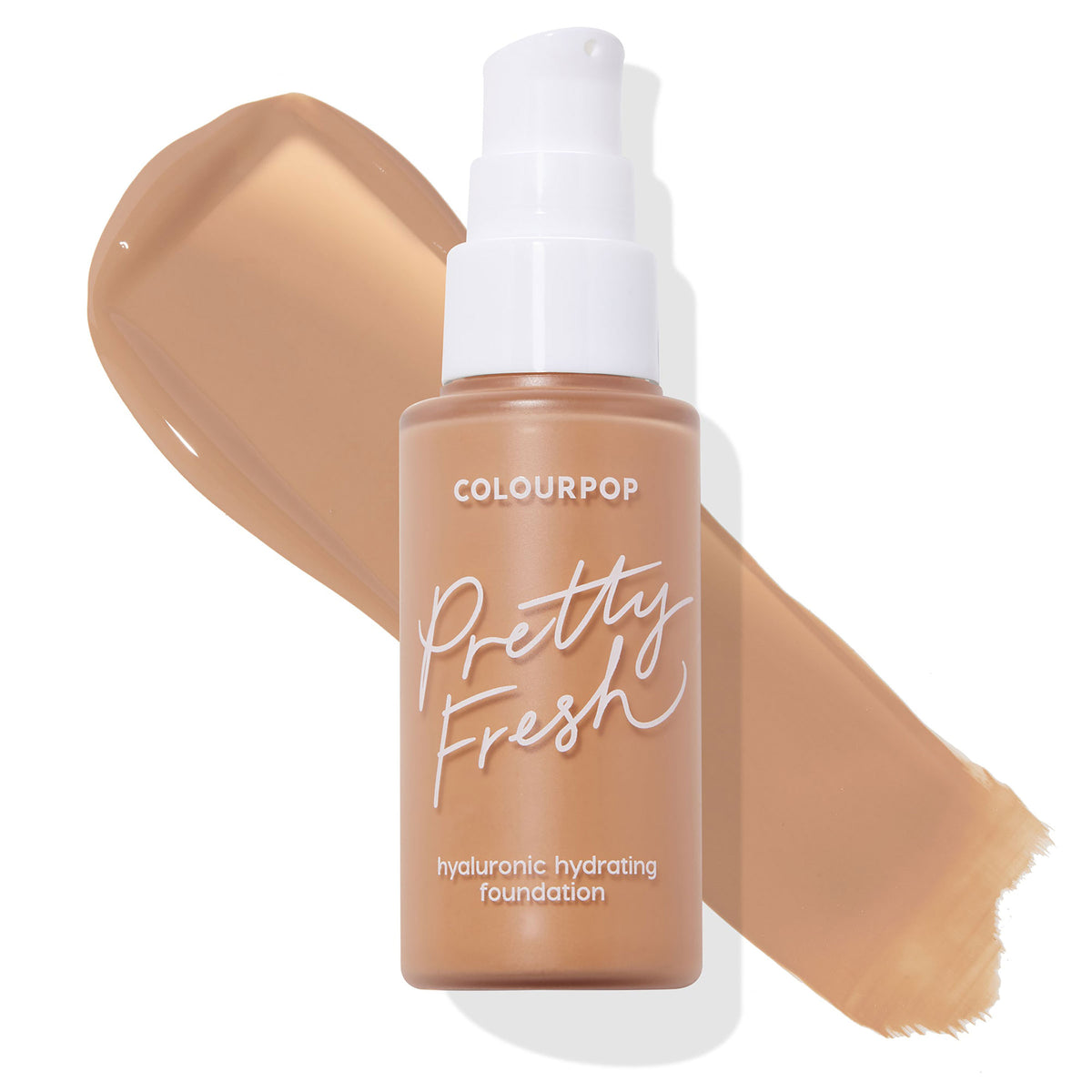 ColourPop Hyaluronic Hydrating Foundation Pretty Fresh in Medium Dark 130 N, pump bottle upright with white cap, displayed over a tan medium-dark neutral swatch on a white background.