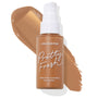ColourPop Hyaluronic Hydrating Foundation in Dark 157 W, a frosted bottle with white pump and Pretty Fresh branding, set over a wide brown liquid swatch on a white background to showcase shade and texture.