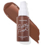 ColourPop Hyaluronic Hydrating Foundation Pretty Fresh in Deep Dark 213 C, pump bottle standing with logo visible, paired with a large deep cocoa swatch behind on a white studio background.