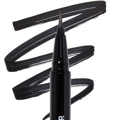 ColourPop BFF Liquid Liner in Black, brush-tip pen creating bold, opaque strokes, shown with a fine pointed tip making sweeping black swatches on a white background.