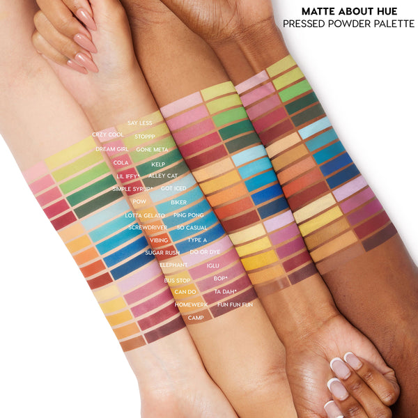 Crazy For Hue ColourPop Shadow Palette & Brush Set swatches span three varied skin tones, displaying matte pressed-powder rainbow shades from lime and teal to fuchsia and cocoa with labeled shade names in a clean studio setup.