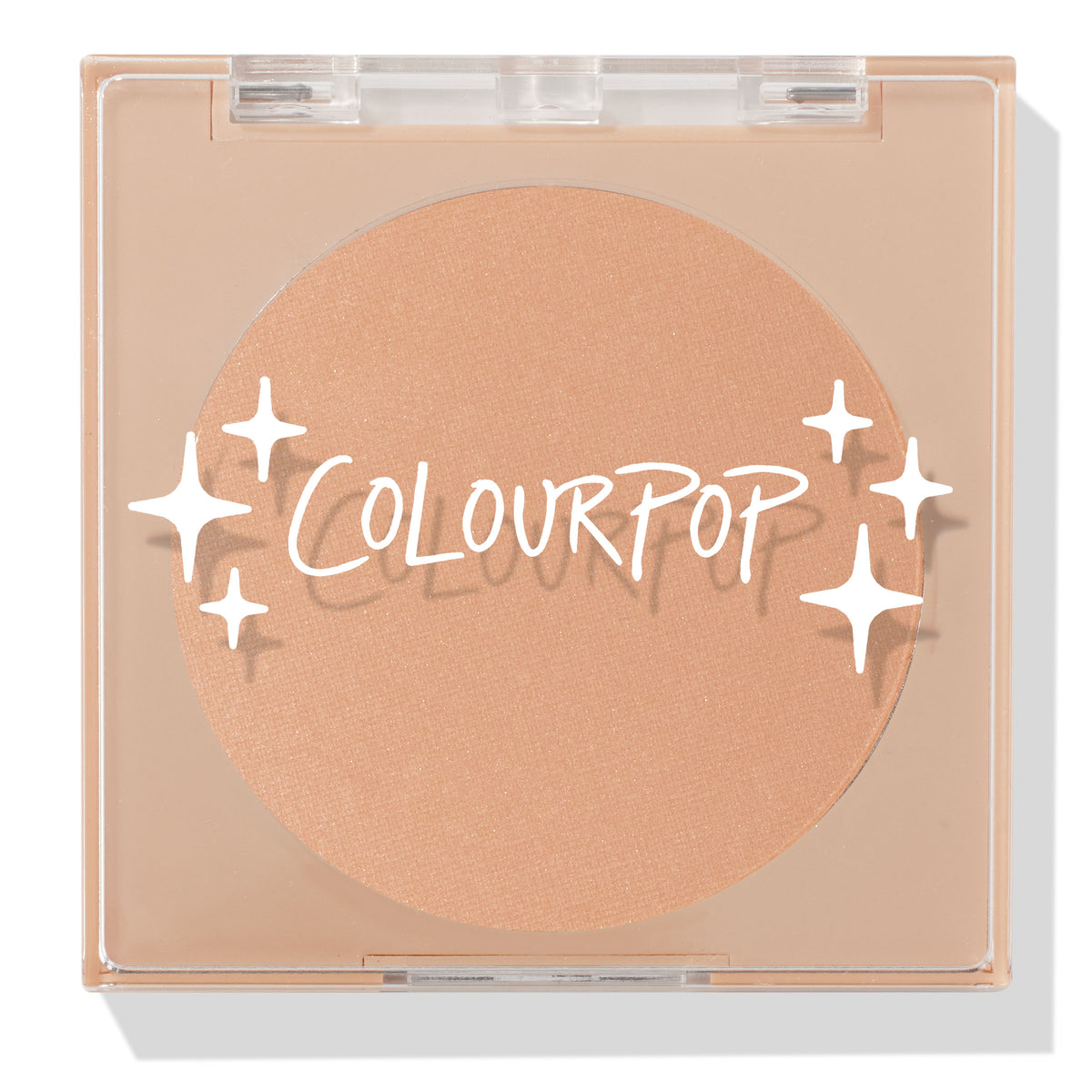 ColourPop Pressed Powder Bronzer in Avila Beach sits closed in a square nude compact, clear lid stamped with white stars and COLOURPOP, revealing a large round warm tan bronzer pan in a clean studio product shot on a light background.