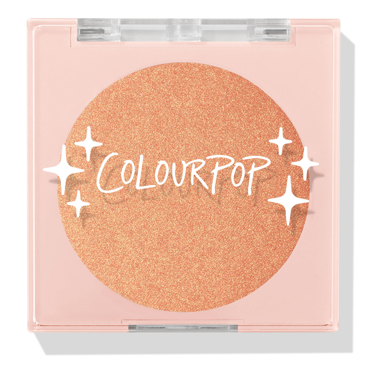 Boombox compact showcasing a closed ColourPop Pressed Powder Highlighter in shade Boombox, a warm peach‑gold shimmer pan set in a pale pink square case with a clear lid, white star accents, and the ColourPop logo.