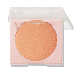 Boombox ColourPop Pressed Powder Highlighter displays a warm peach-gold shimmer pan in a pale pink compact with a half-open clear lid on a white background.