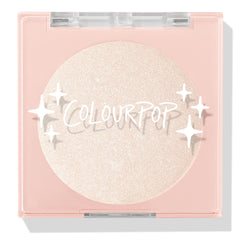 Cold One highlighter compact showcasing a shimmering icy pearl pan behind a clear lid with white sparkle icons and ColourPop logo, closed in a blush‑pink square case on a white background; ColourPop Pressed Powder Highlighter.