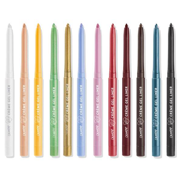 ColourPop Crème Gel Liner It’s a Vibe set lines up 13 retractable gel eyeliners with tips extended on a white background, spanning shades from white, peach, yellow, light green, green, gold, periwinkle, pink, red, burgundy, brown, teal, to black.