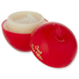 Just One Bite ColourPop Lip Scrub opens to reveal a creamy sugar scrub in an apple-shaped red jar with gold “Just One Bite” lettering, cap set beside on a white background; Snow White lip scrub product packaging close-up.