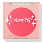Staycation ColourPop Pressed Powder Blush compact, closed, showing a vivid coral-pink round pan under a clear square lid with white sparkle graphics and ColourPop logo, shot on a white background with a soft shadow.