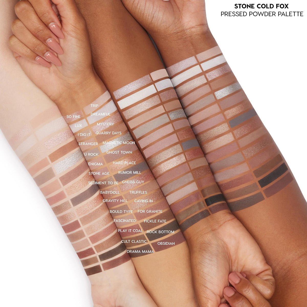Bold + Bare shadow palette set swatches line three forearms, showcasing a wide range of cool‑toned neutrals - taupes, greiges, mauves, silvers, and deep browns - in matte and shimmer finishes on fair, medium, and deep skin; ColourPop Shadow Palette Set.