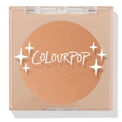 ColourPop Pressed Powder Bronzer in Summerland Beach shown closed, warm golden-tan pan inside a clear square compact with white sparkle graphics and ColourPop logo, set against a clean white background.